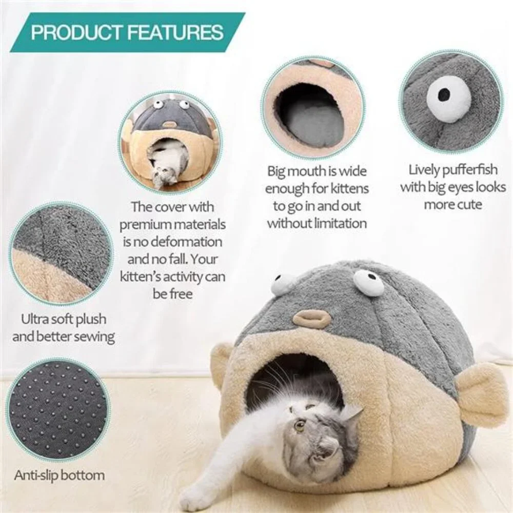 Cat Bed Cave Indoor for Cats with Removable Pillow Super Soft Tent Pufferfish